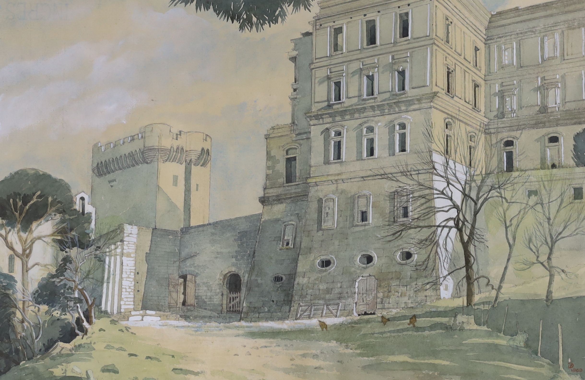 John Doyle (b.1928), watercolour, The Abbey of Montmajour, Provence, monogrammed and dated 1969, 30 x 47cm